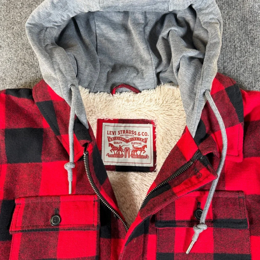 Levis Mens Buffalo Plaid Sherpa Lined Hooded Shirt Jacket Red Black LM1JC684 S